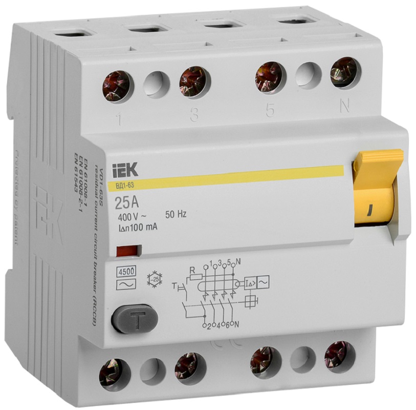 Выключатель дифференциального тока УЗО IEK KARAT ВД1-63 4п 25А 100мА 4,5,кА тип AC